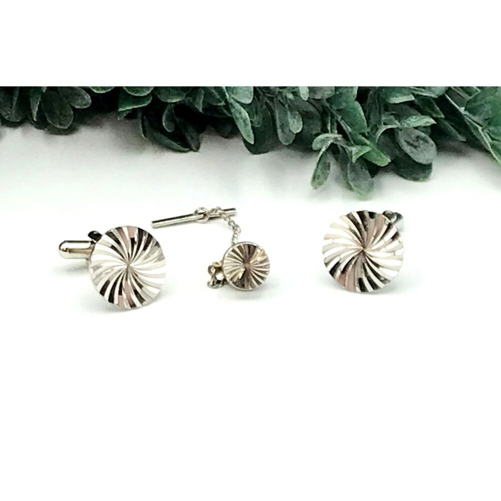Vintage Silver-Tone Swirl Mens Cufflinks & Tie Tack Set With Chain Classic Desig